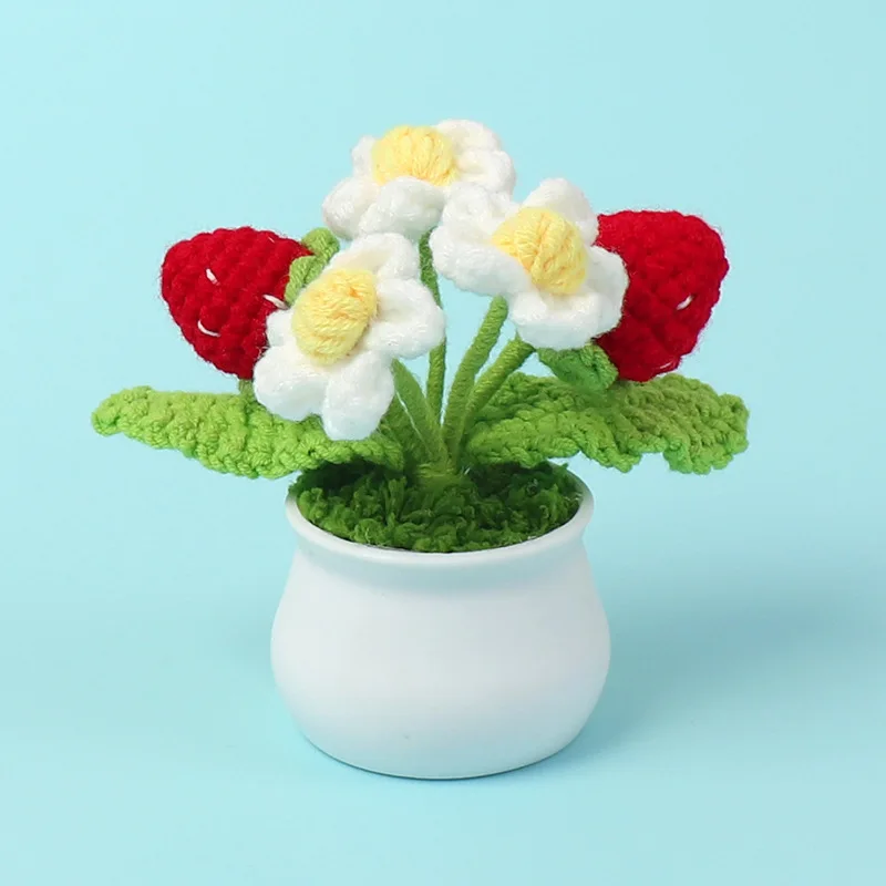 Niedliche Erdbeer-Häkelblumen, kreative Kintted-Blumen mit Topf-Fake-Pflanze für Auto, Bücherregal, Dekoration, Geschenk, Erdbeer-Dekor – Detail 3