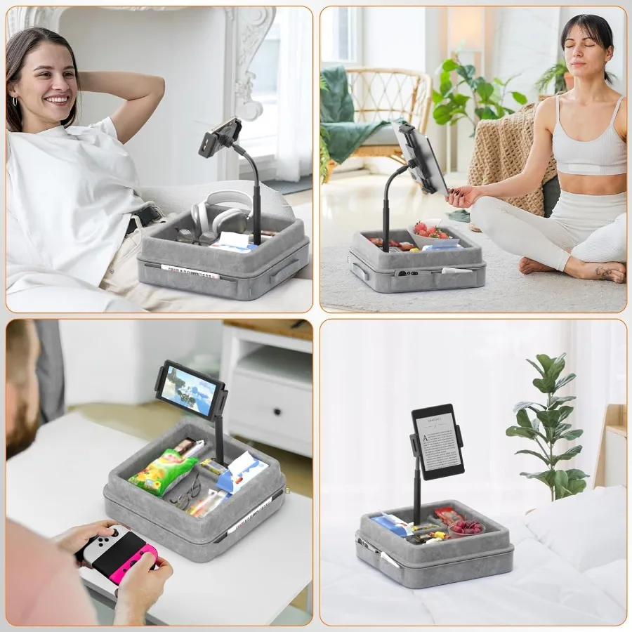 KDDタブレットピローホルダー360度調整可能iPadピロースタンド、膝上、ベッド、デスク用、グースネックタブレットソフトパッドドック、収納トレイ付き