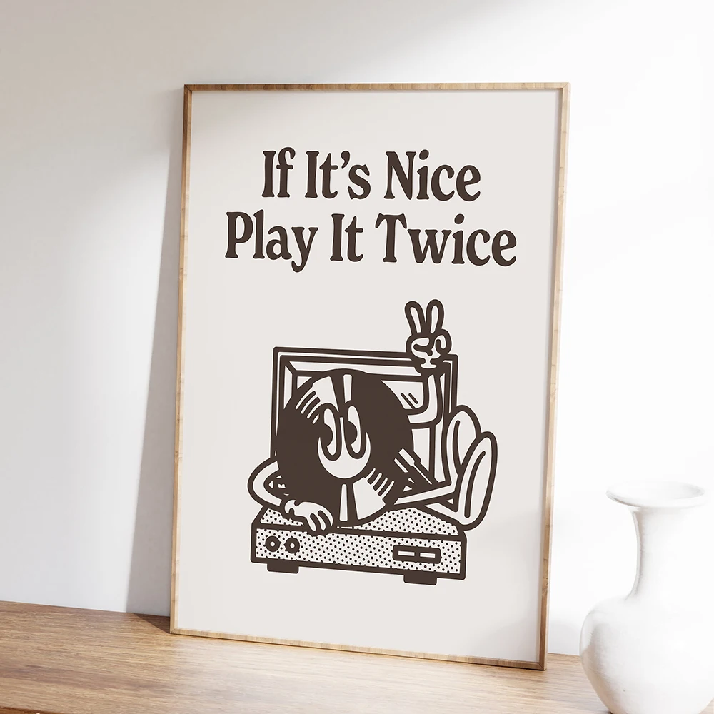 Retro Cartoon Music Groovy Record Player If It's Nice Play It Twice Quotes Wall Art Canvas Painting Posters Living Room Decor