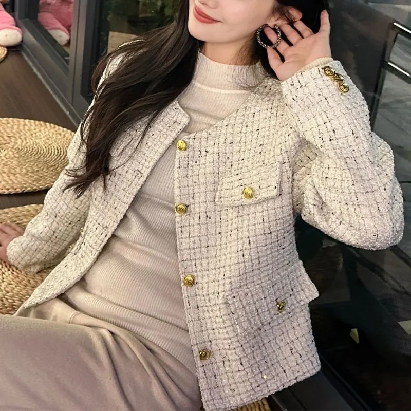 

Socialite Aura Round Neck Coats Female Clothing Fashion Bright Silk Autumn Winter Vintage Single-breasted Long Sleeve Jackets