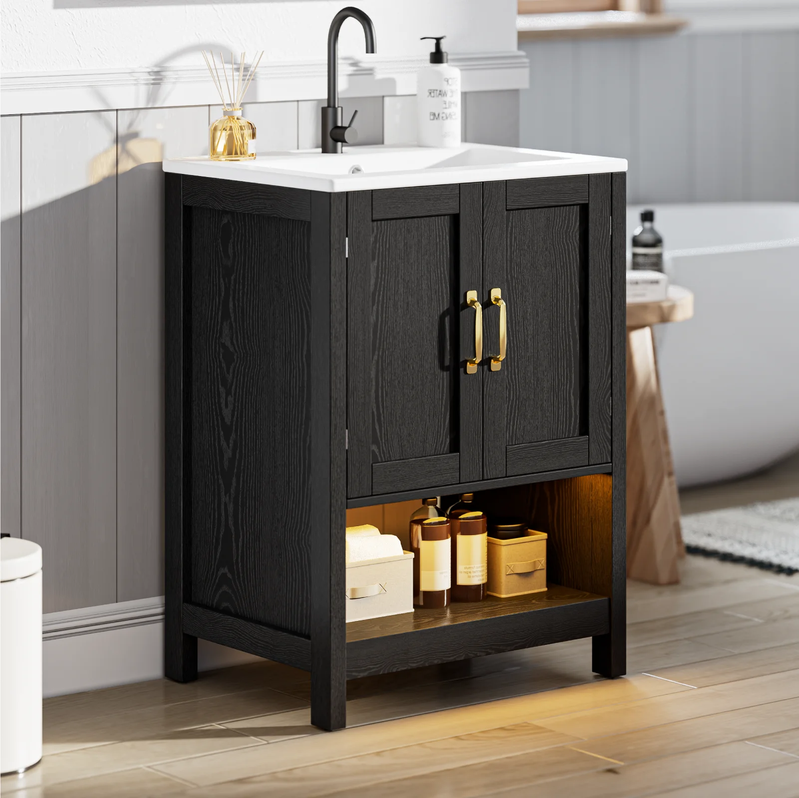 24 Inch Bathroom Vanity with Sink, Modern Black Cabinet, LED Light, Soft Closing Doors