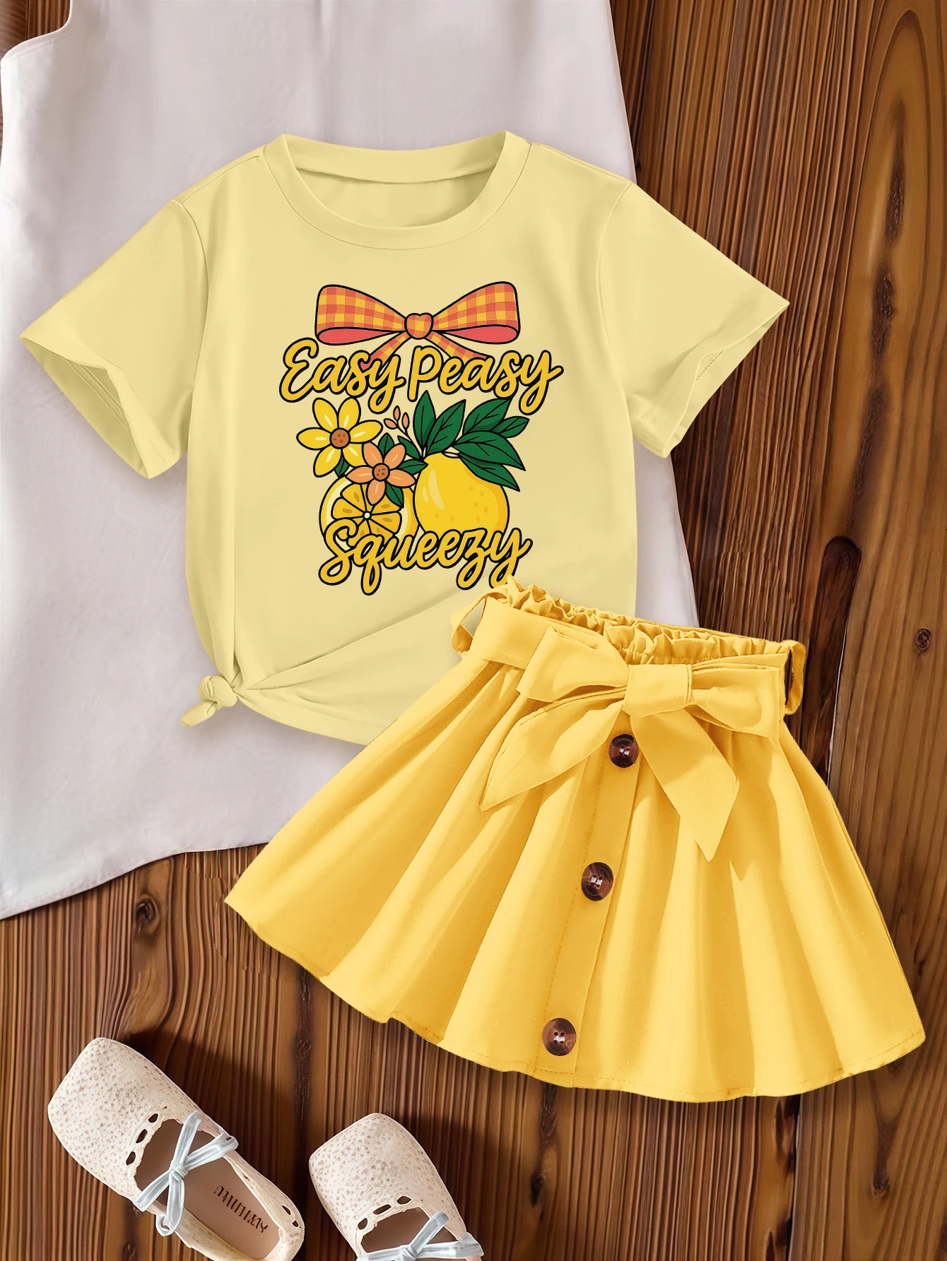 

2 Pieces, Cartoon Lemon, Bow Tie, Summer Sweet and Cute Short-Sleeved Skirt Set for Girls