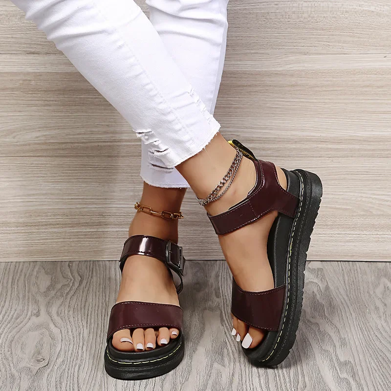 Ankle Strap Women Female Lady PU Sandals Sandals Thick-soled Soft Buckle Korean Solid Color Summer Beach Sandalias Mujer Size43