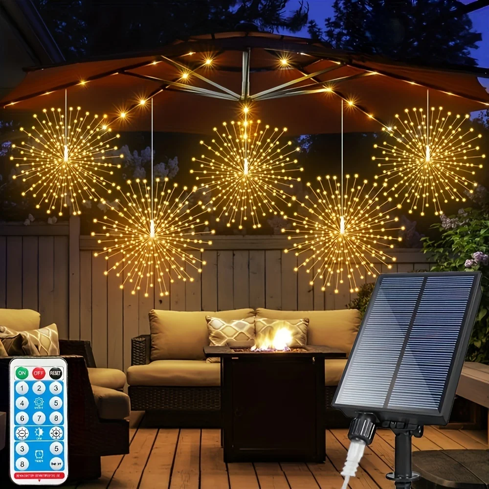 

180-450 светодиодов, шаровые фонари Solar Star Burst, пульт дистанционного управления, 8 режимов, регулируемые подвесные фейерверки из медной проволоки, для дворового освещения