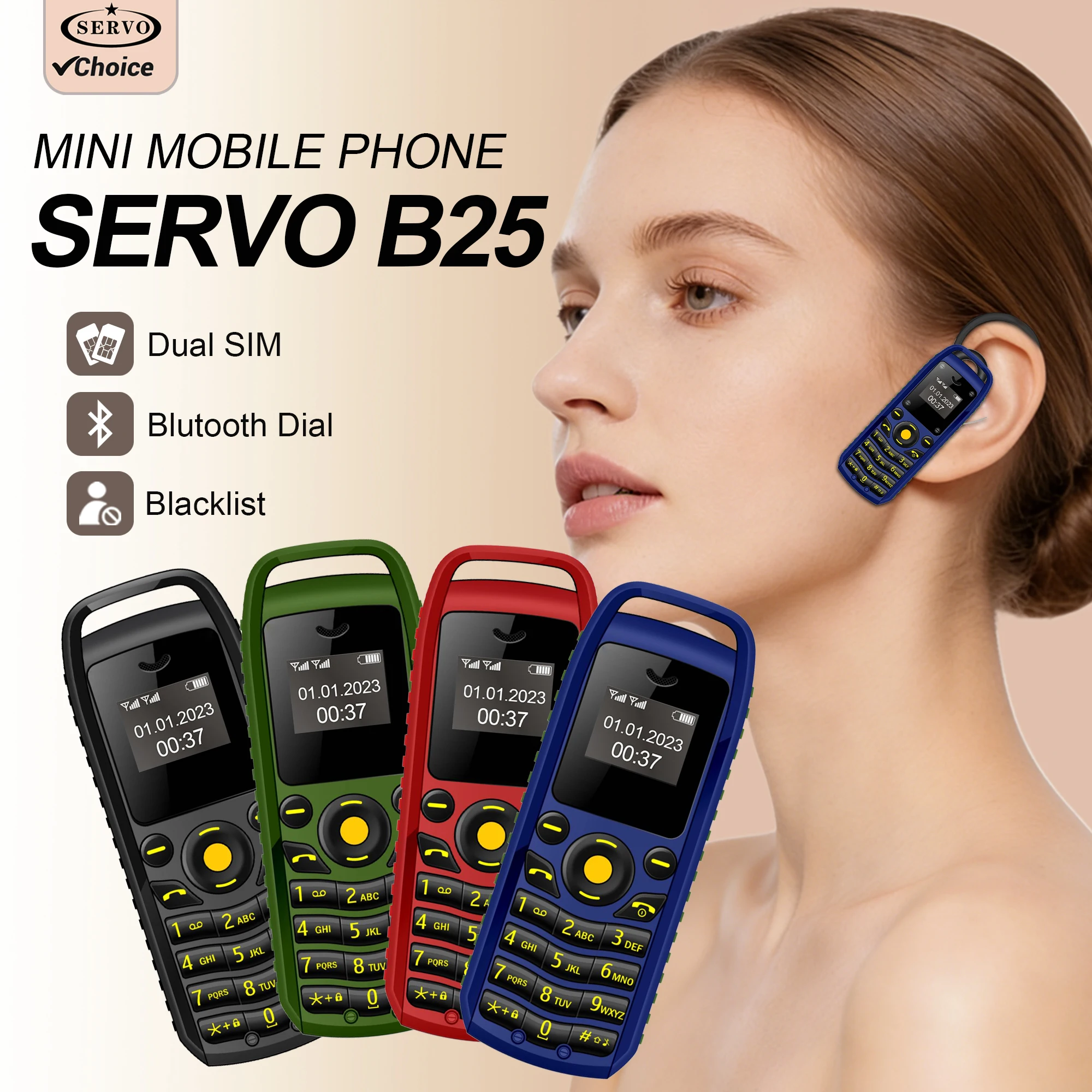 SERVO B25 Mini Mobile Phone 0.66 Inch Dual SIM Bluetooth Earphone Handsfree Magic Voice Blacklist Smallest 2G Unlocked Cellphone
