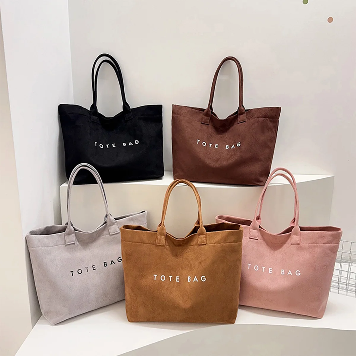 Magnetic Clasp Casual Suede Tote Bag with Solid Color Letter Print Large Capacity Versatile Daily Commute Shopping image 5