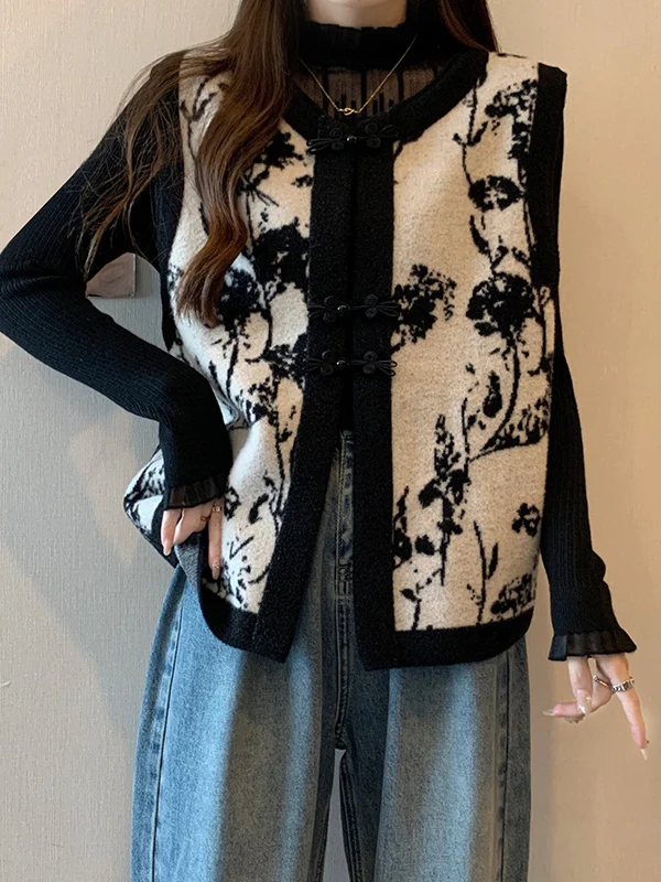 New Chinese Style Knitted Open Cardigan Vest Women's plus Size Autumn Winter Fashion Layering Clothing Button Decoration
