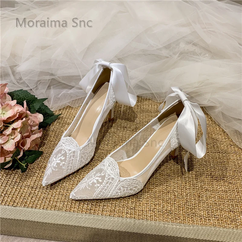 

White Lace Wedding Shoes Bride Bridesmaid Shoes Women French Pointy Stiletto High Heels Back Butterfly Knot Decor Lady Pumps