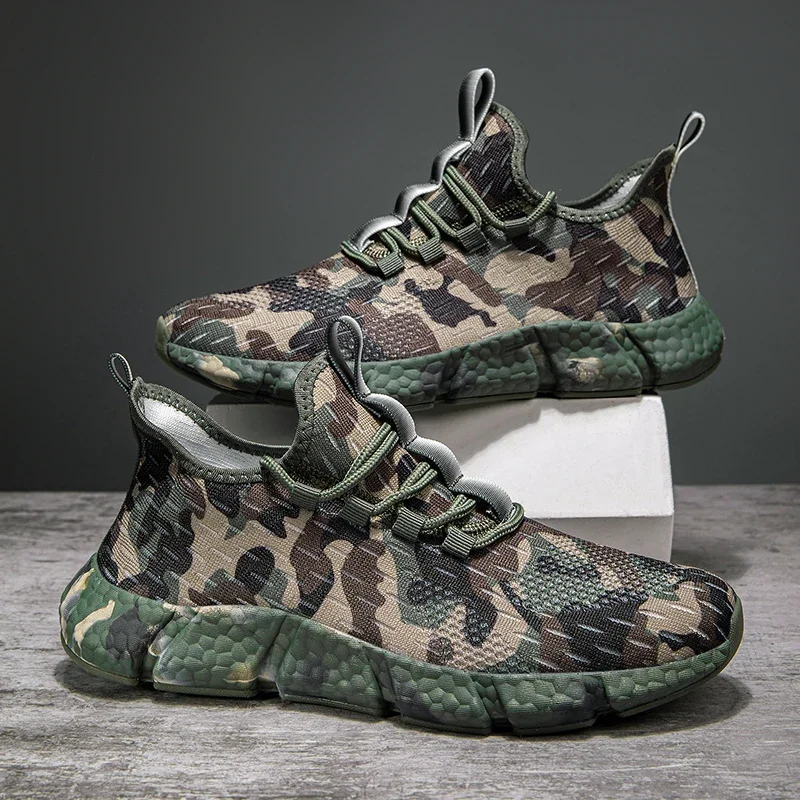 Army Green Camouflage Casual Shoes Women Men Sneakers Outdoor Low Top Sock Shoes Mesh Thick Soled Cushioning Size 36-46