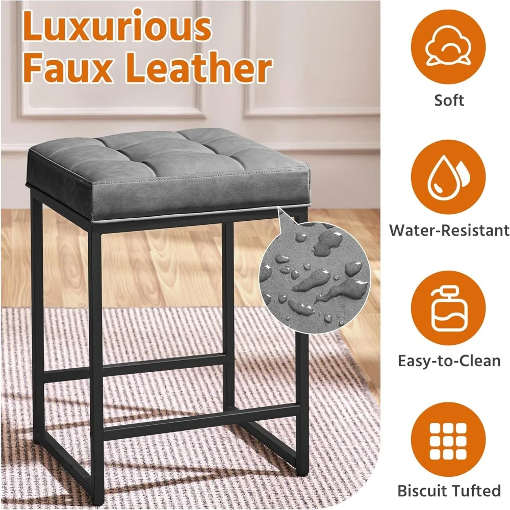 Juego de 4 taburetes de bar de cuero con altura de mostrador, sillas de isla de cocina, 24 pulgadas de alto, asientos cómodos para zona de comedor