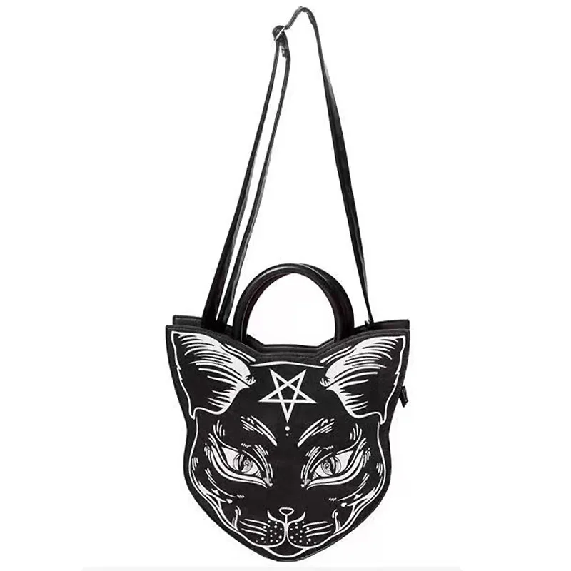 Dark Cartoon Cat Design Purses And Handbags For Women Punk Harajuku Style Girl Shoulder Bag Black Top Handle Purse Fashion Totes