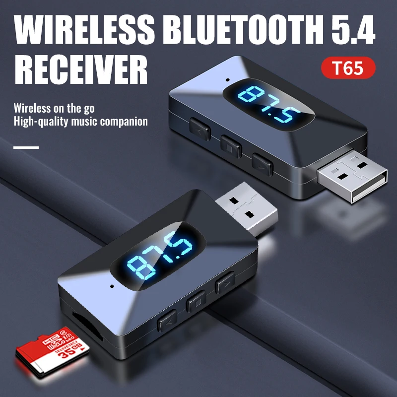 T65 Mini Car Bluetooth 5.4 Trasmettitore USB Ricevitore con display a LED Chiamata in vivavoce Kit BT per auto Audio wireless automatico per radio Fm