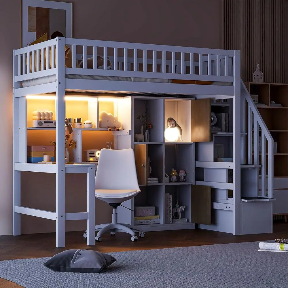 

Space-Saving Twin Solid Wood Bed with L-Shaped Desk, LED Lights, Storage, and Safety Rails for Kids/Teens - White