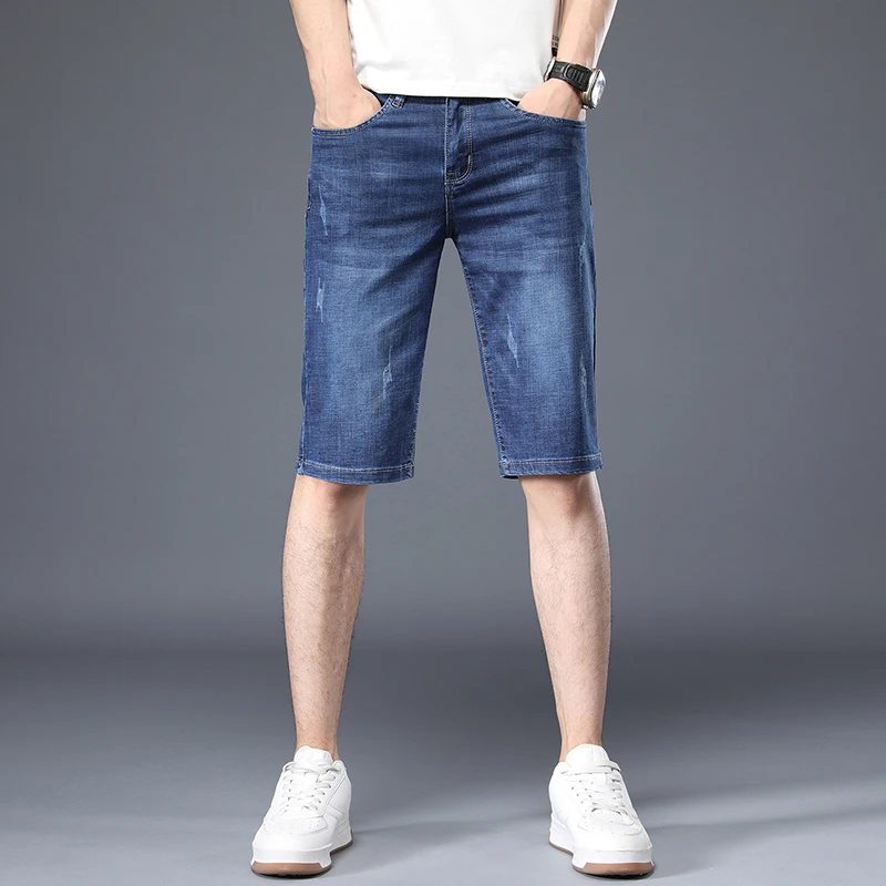 2024 New blue Denim Shorts for Men's Summer Thin Style New Loose Straight knee length pants Elastic short jeans for men clothing