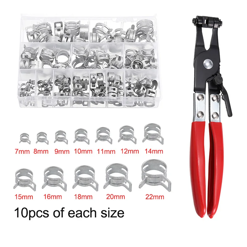 

120pcs 7-22mm Spring Band Hose Clamp with Swivel Clamp Plier Fuel/Silicone Vacuum Hose Clamps Pipe Clamp Rings Low Pressure Air