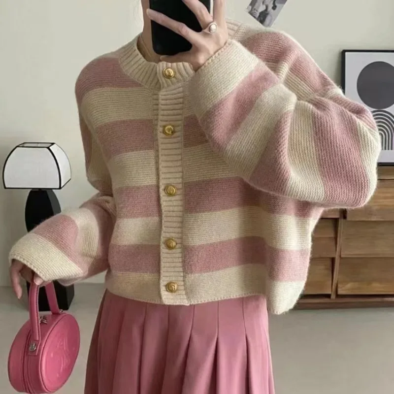 Women Autumn Casual Loose Fashion Striped Knitting Cardigan Ladies Korean Office Lady O-neck Long Sleeve All-match Warm Knitwear