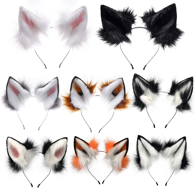 Handmade Adjustable Furry Wolf Ears Headband Simulation Contrast Color Plush Animal Hair Hoop Anime Cosplay Hair