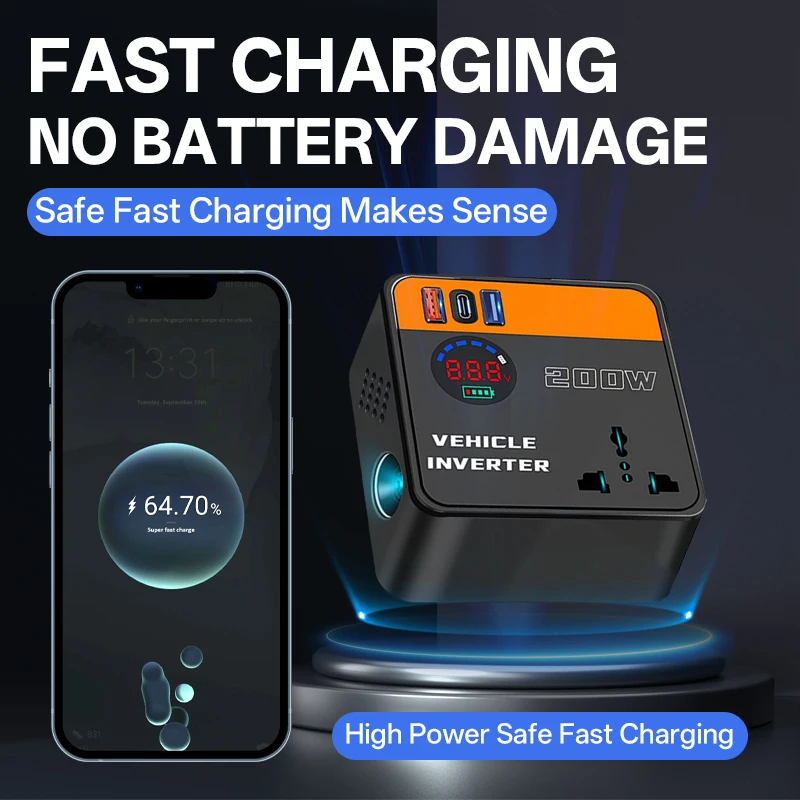 Hippcron Car Inverter DC12V/24V to DC110V/220V 200W Peak LED Display Sockets Power Inverter Adapters Fast Charging