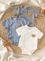 threePiece Summer Newborn Baby Boy Set White, Blue, Gray Short-Sleeve Cardigan Rompers with Bear Embroidery Comfortable Fabric