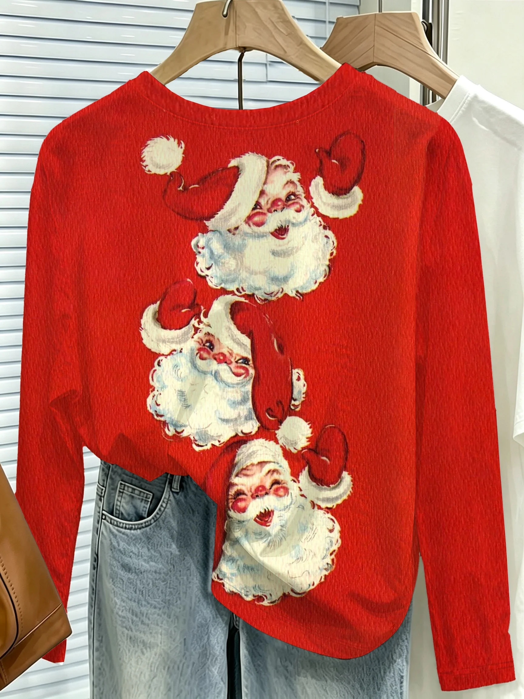 Women Long Sleeve T Shirt Vintage Santa Claus Print Soft Breathable Casual Holiday Autumn Winter Fashion Women's Clothing