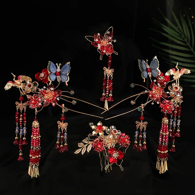 

Chinese Style Horse-Face Skirt Accessories Beautiful Updo Tassel Hair Clasp Wedding Bridal Xiuhe Dress
