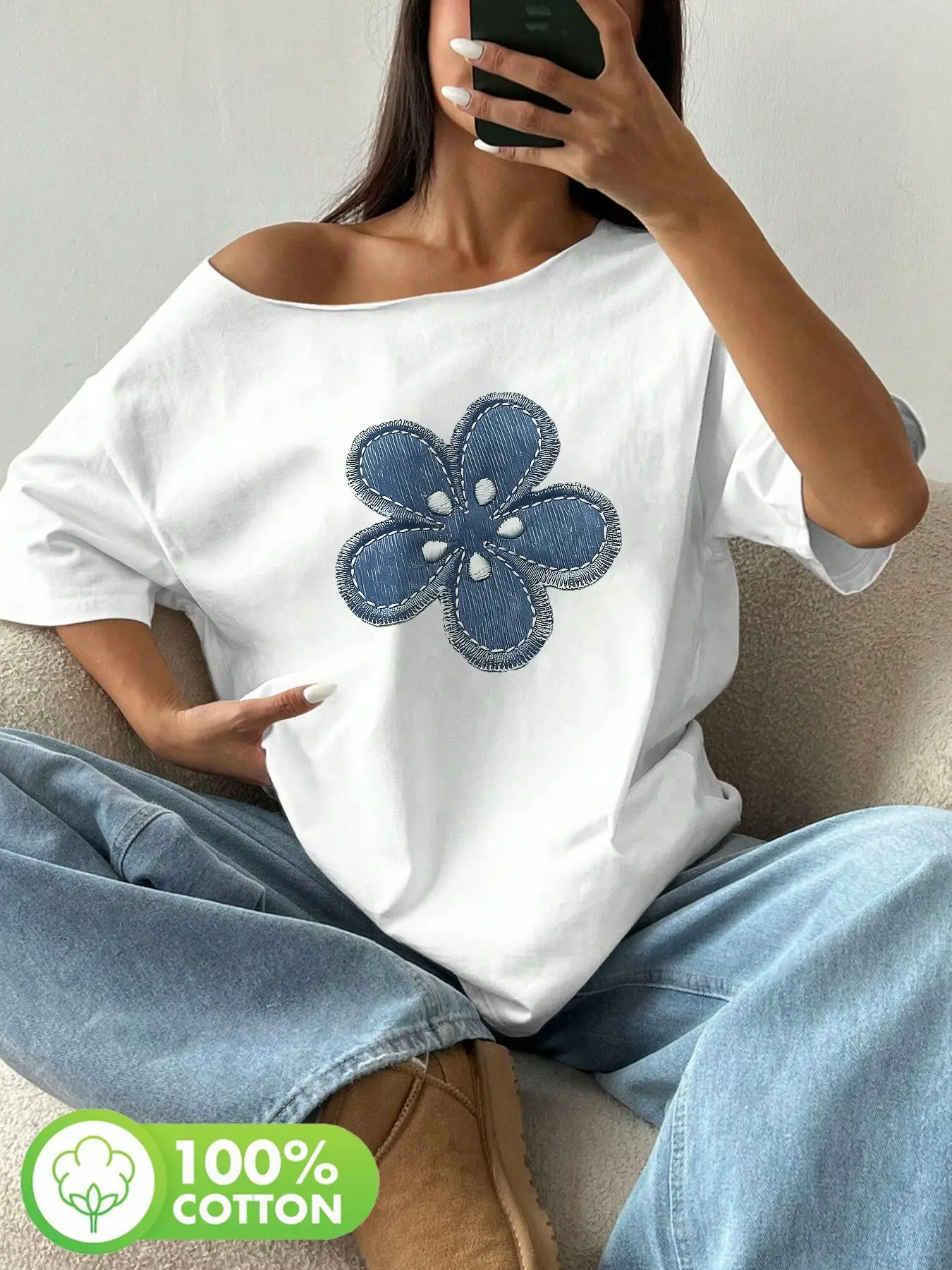 

Plus Size Floral Embroidered Denim Patch Design Shoulder Loose Print T-Shirt Oversized Y2K Style Graphic Tees Women Tops Summ