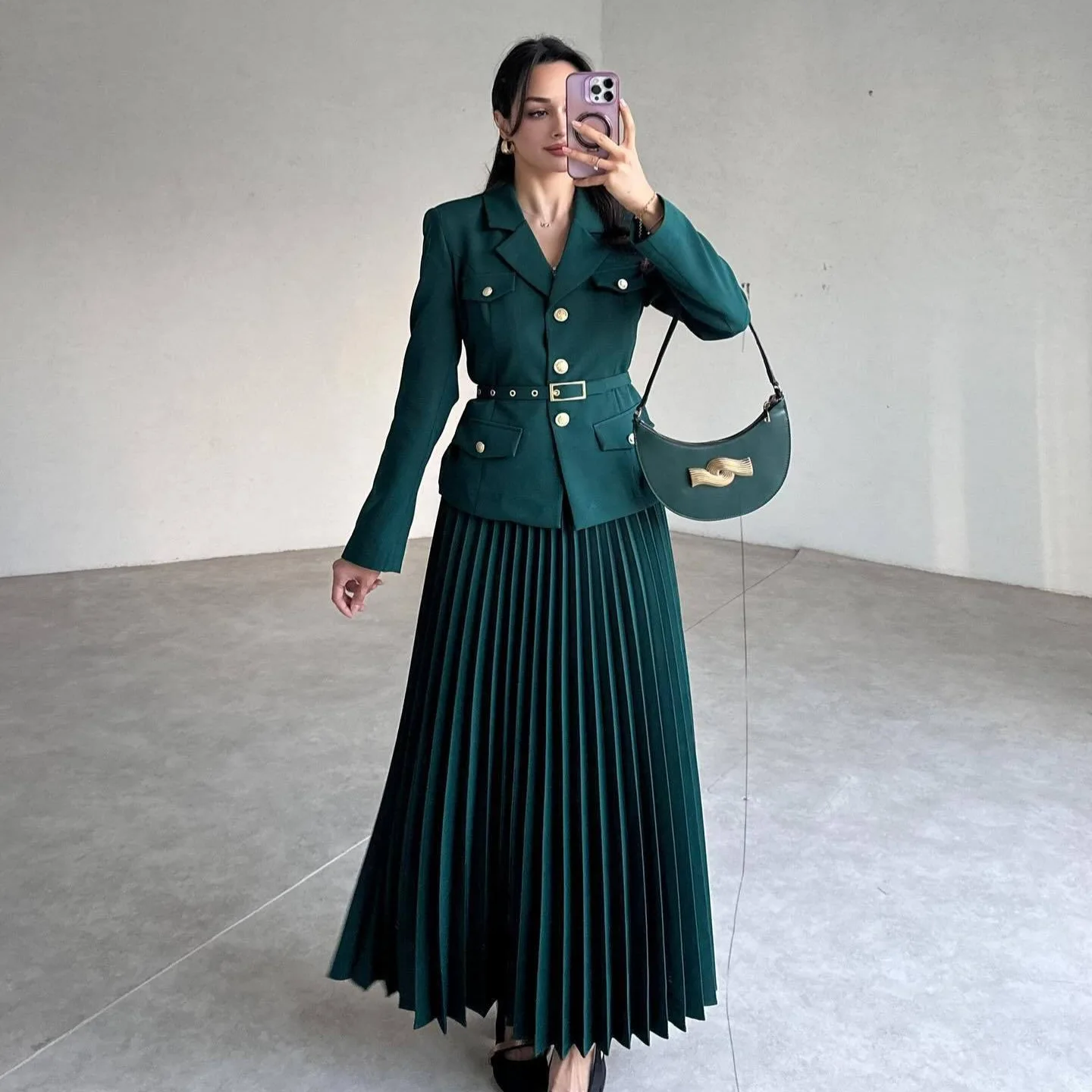 2025 Long Dress Two Piece Matching Set Women's Full Sleeve Blazers Suit Coats Pleated Maxi Skirts 2pcs Outfits Formal Occasions