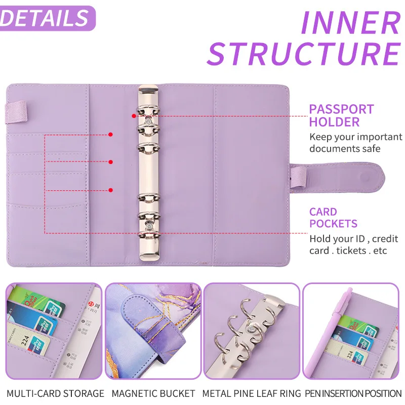 A6 Purple Marble Colorful Money Budget Planner Binder with Zipper EnvelopesCash Envelopes For Budgeting Money Organizer