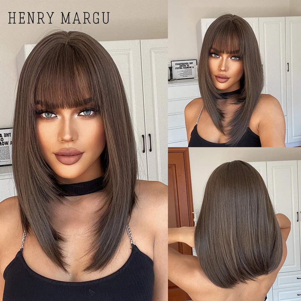 HENRY MARGU Perucas sintéticas de alta temperatura do cabelo das perucas sintéticas de brown escuro com franja perucas retas naturais para as mulheres