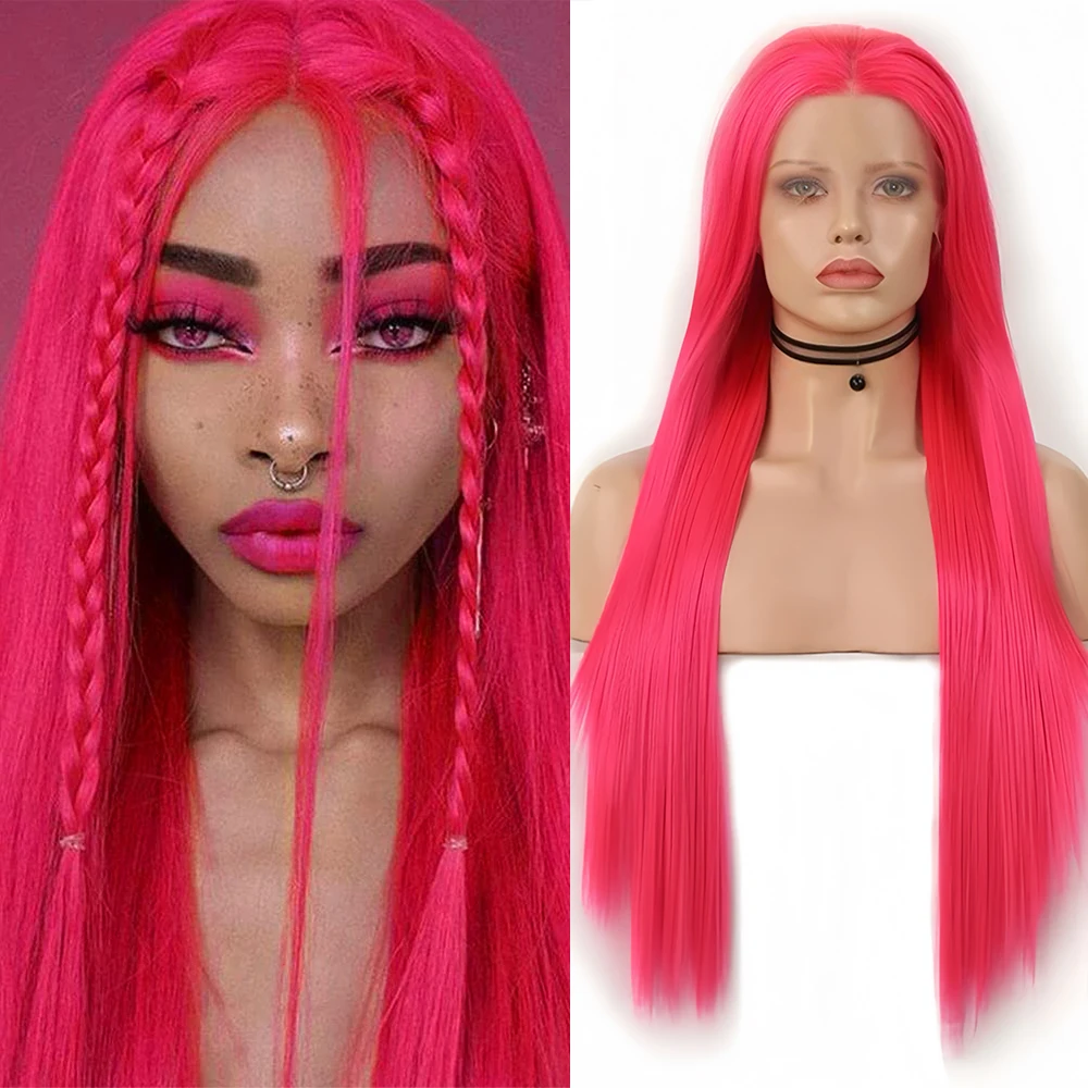 Hot Pink Wig Synthetic Lace Wig Long Silk Straight Hair Frontal Lace Wigs for Women Daily Wear Long Bright Pink Straight Cosplay