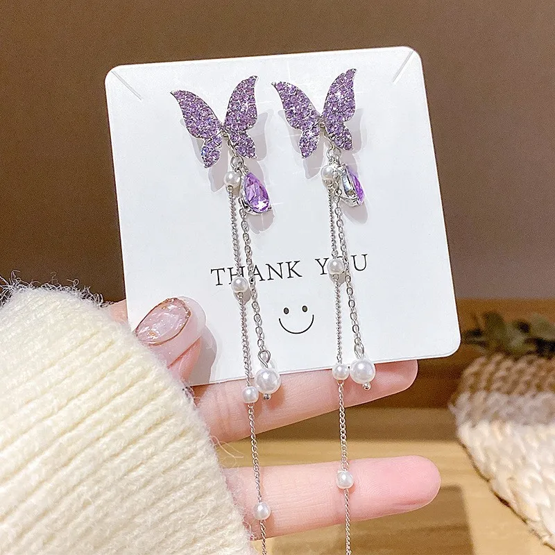 Brincos longos de pingente de borboleta roxa para mulheres Pérola de cristal Borla Cadeia Festa Orelha Jóias, Personalidade, Atacado, Menina Presente