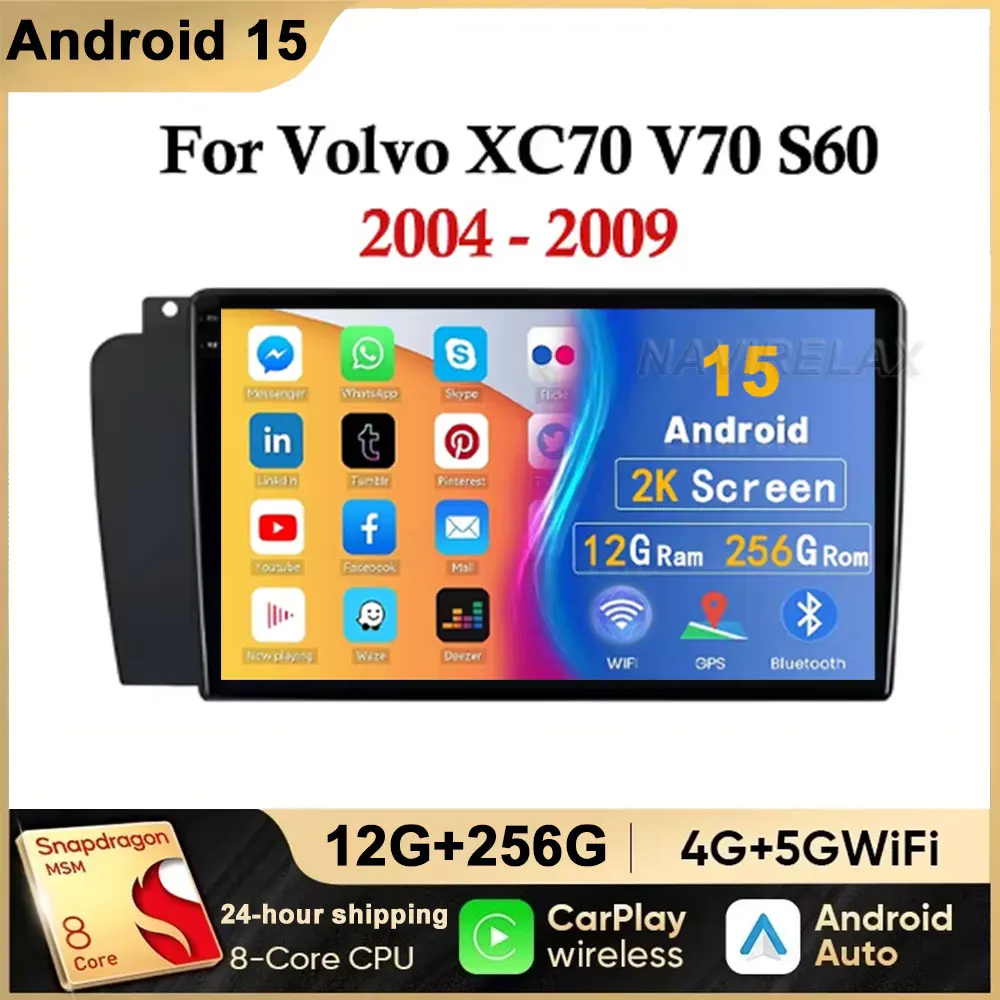 Android 15 para Volvo XC70 V70 S60 2000 - 2009 unidad de Radio CarPlay reproductor Multimedia automático pantalla táctil navegación estéreo sin DVD