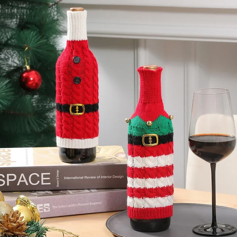 

Christmas Striped Knitted Wine Bottle Sleeve Creative Xmas Decorative Cover for Kitchen Restaurant Party