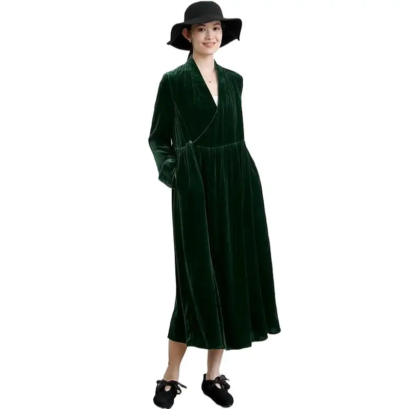 

Autumn Women Vintage Velvet Long Dress Cross V-neck Slim Loose Maxi Dress Full Sleeves Elegant Party Vestidos robe longue femme