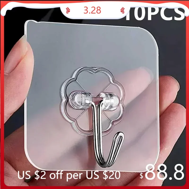 

5/10PCS Transparent Stainless Steel Strong Self Adhesive Hooks Key Storage Hanger for Kitchen Bathroom Door Wall Multi-Function