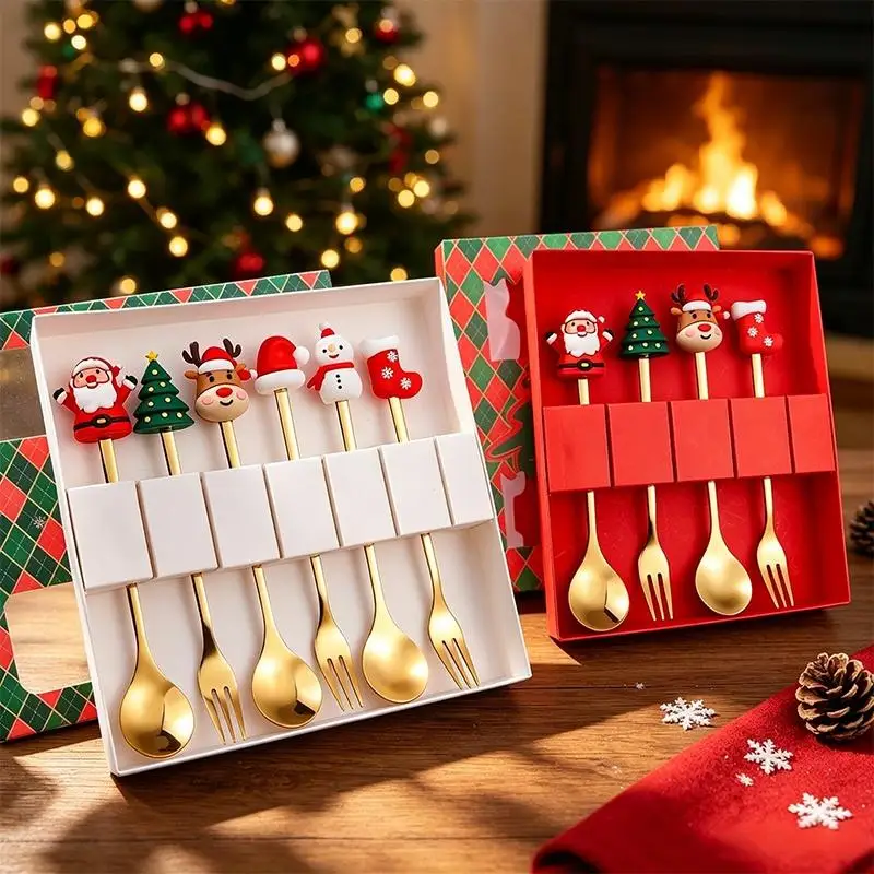 2/4pcs Stainless Steel Christmas Cutlery Spoon Fork Set Cute Cartoon Handles Perfect For Holiday Dinners Xmas Gifts