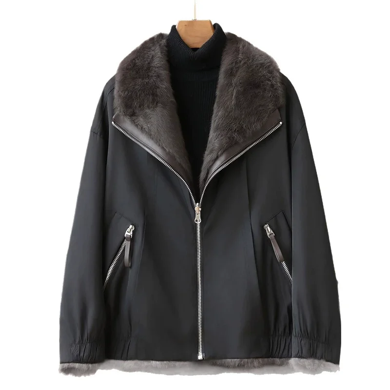 2025 High-quality Real Rabbit Hair Fur Parka Women's Autumn Winter Outdoor Coat Two-sided Wear Jacket Loose Outerwear Streetwear