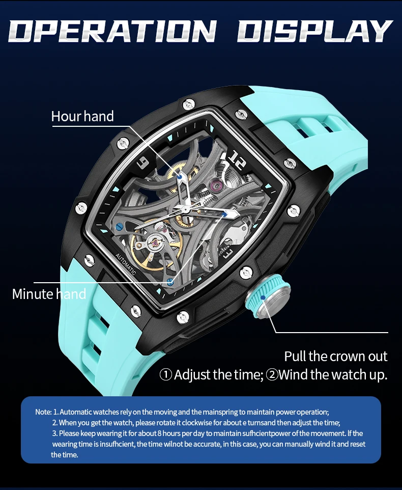 MEGIR Sport-Stil, automatische mechanische Uhr für Herren, voll hohl, transparentes Zifferblatt-Design, Edelstahlgehäuse, Silikonarmband – Detail 23