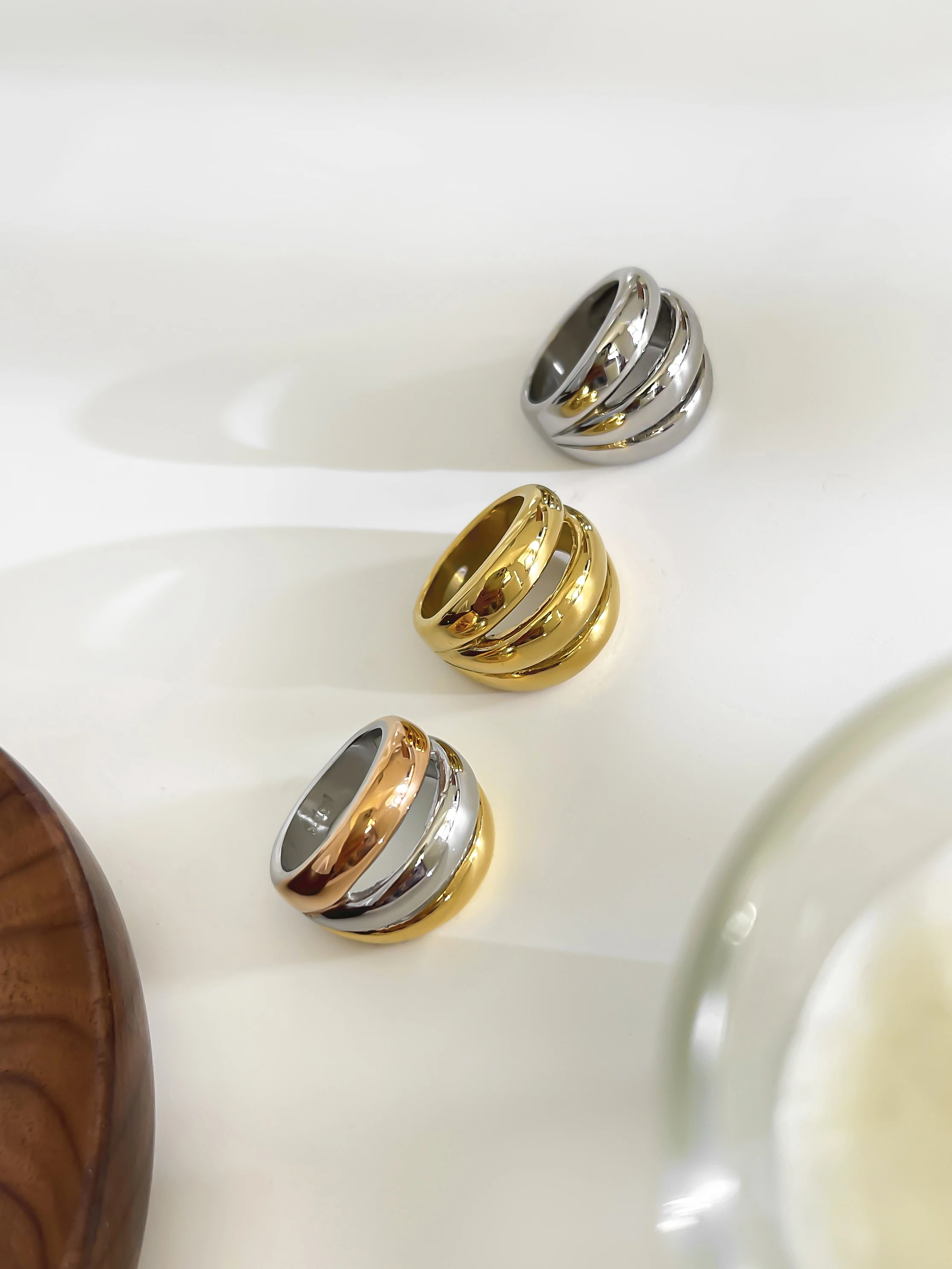 GHIDBK Stainless Steel 18K Gold Silver Plated 3 Splicing Color Chunky Dome Ring Multi-Layer Hollow Rings for Women Men Unisex