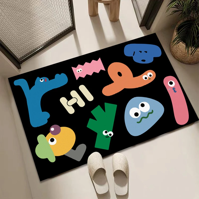 Cute Cartoon Abstract Monster Crystal Velvet Doormat, Black Background Colorful Graffiti Character HI Print Floor Rug, Anti‑Slip