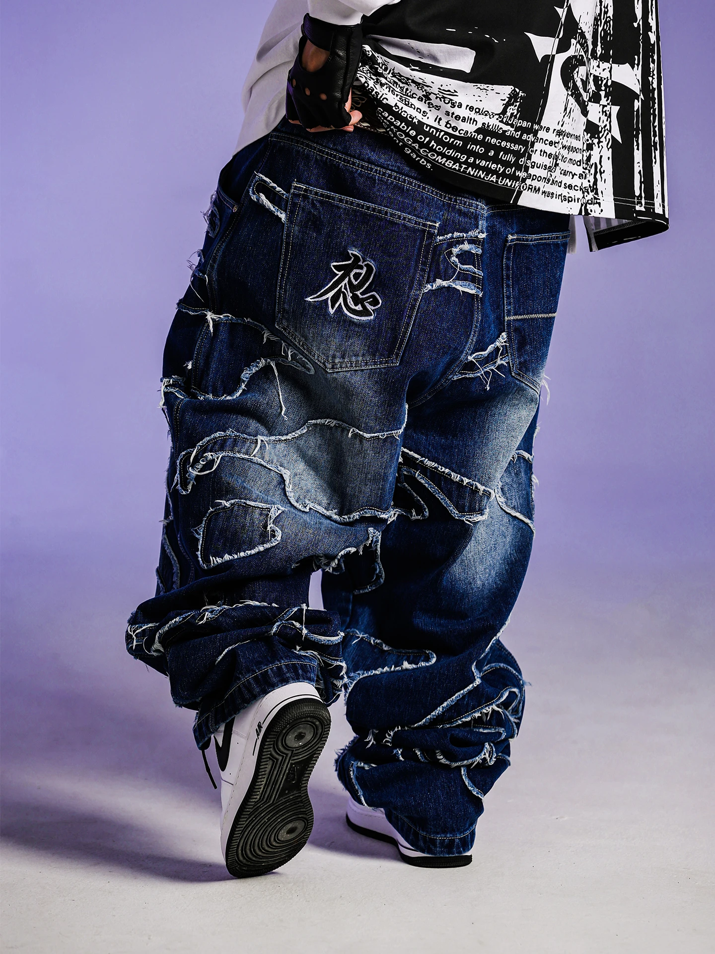Ninja Battle Technique Heavy Duty Patchwork Frayed  Embroidery Washed Denim Long Pants Men American Style Casual Loose St...