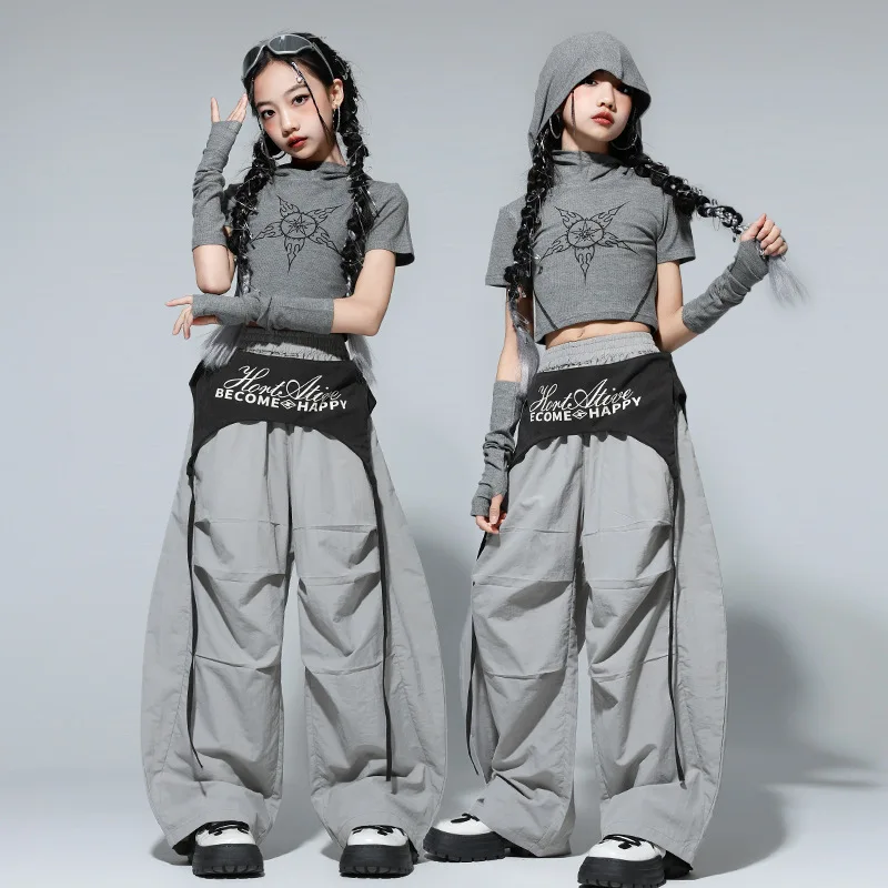 طفل Kpop الهيب هوب الملابس حزام أسود المحاصيل الأعلى تي شيرت رمادي عادية واسعة حزام المظلة السراويل لفتاة الجاز ملابس رقص الملابس