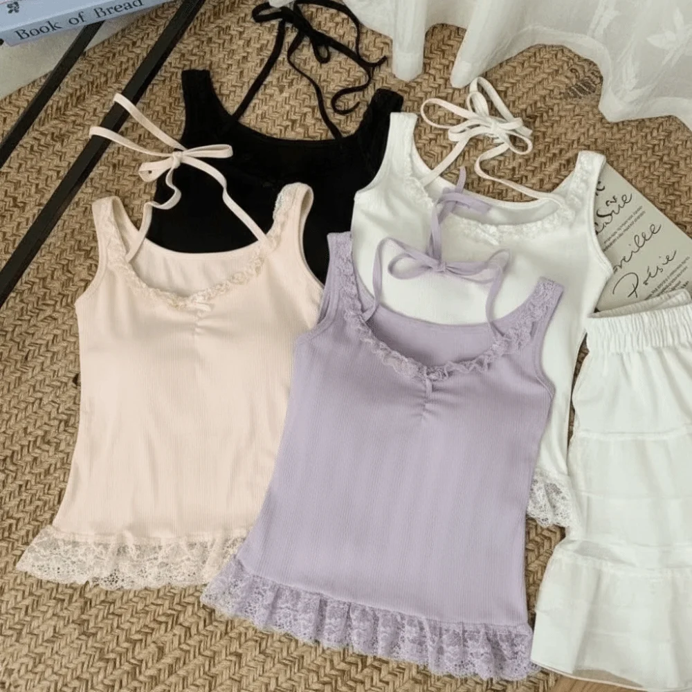 

Versatile Strappy Tank Tops Lace Trim Soft Texture Camisole Solid Color Breathable Slim Tank Tops Women Summer Wear