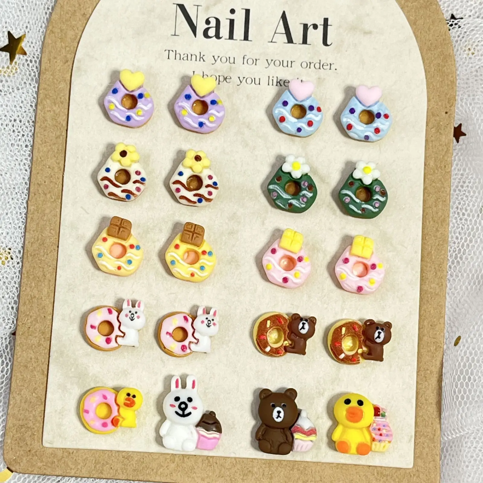 20pcs miniso heart donut cartoon nail charms for diy nail making kawaii cute resin nail art decoreation