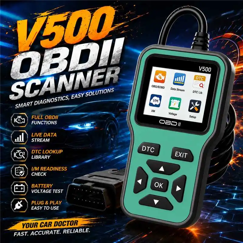 V500Obd2 Scanner Car Code Reader, Professional Obdlieobd Diagnostic Scan Tool, with Real-Time Data Stream Function, Dtc Query Function, I/M Readiness Check Function, Battery Voltage Test Function, and Plug-And-Play Engine Fault Code Scanning Function, Suitable for All 12V Obdii Vehicles