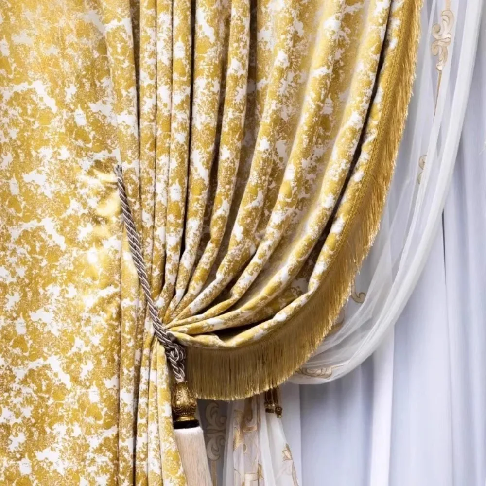 High End Custom Luxury Golden Velvet Chenille Curtains for Living Room Bedroom and Villa French American European Chic Drapes