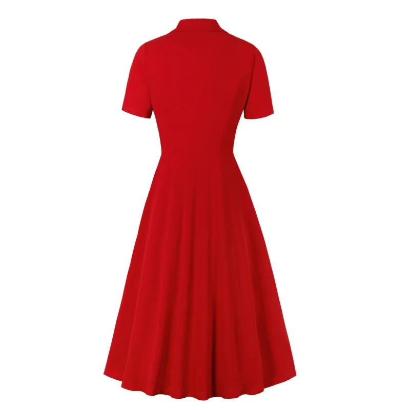 2024 New Vintage Notched Collar Double Breasted Red Elegant High Waist Office Ladies Dresses Women's Retro 50s Summer Midi Dress