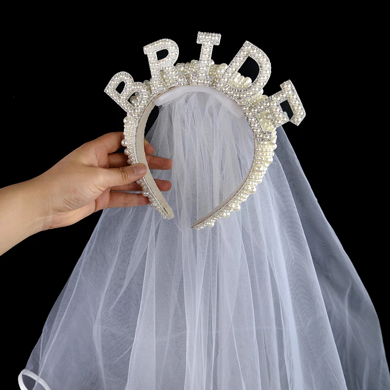 

Bride To Be Pearl Crown Headband With Veil Bachelorette Party Bridal Shower Wedding Party Bridal Hair Accessorie Engagement Gift