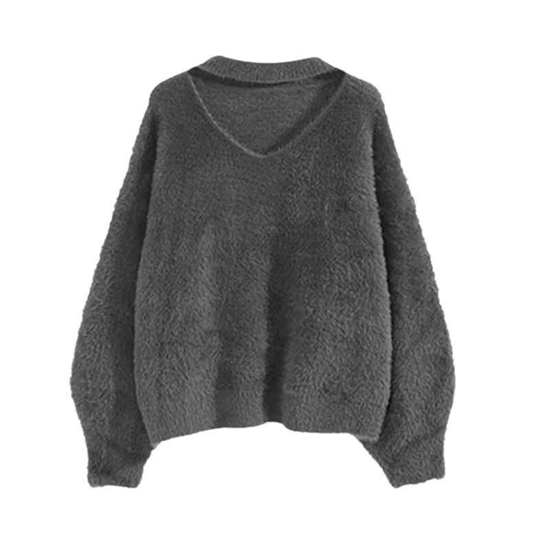 Women's V-Neck Long Sleeve Loose Casual Knit Pullover Sweater Blouse