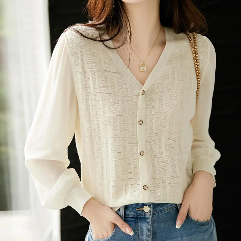 Women Hollow Patchwork Elegant Knitwear Korean V Neck Long Sleeve with Button Pullover Knit Top Female Chic Sweet Casual Blouses